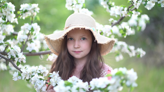 美丽的年轻女孩享受着盛开苹果的春天果园视频