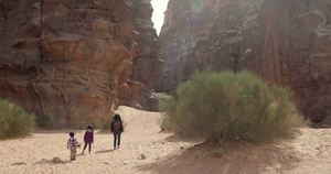 走在约旦瓦迪拉姆沙漠的家庭后视图11秒视频