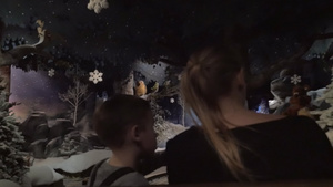 带着孩子的母亲在游乐园的冬季森林中旅行11秒视频