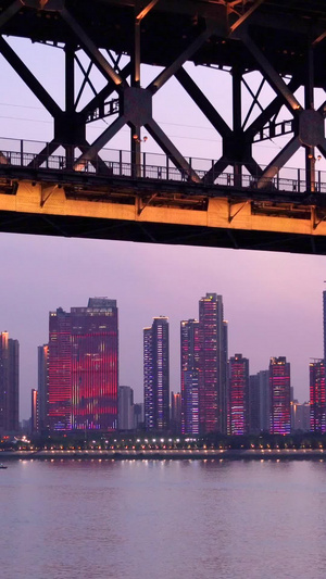 透过武汉长江大桥拍摄城市灯光秀59秒视频