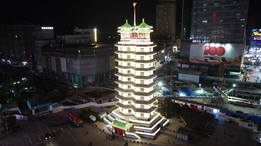 河北郑州二七纪念塔地标建筑夜景航拍视频