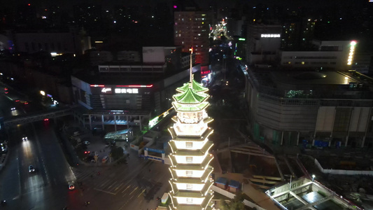 河南郑州二七纪念塔夜景航拍视频