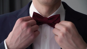 年轻男子穿上领结为庆祝活动商业会议或婚礼穿衣7秒视频