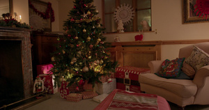 家里火炉旁的圣诞树20秒视频