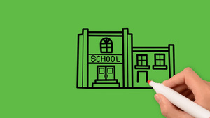在绿色背景上绘制黑色和蓝色组合的学校艺术图画10秒视频