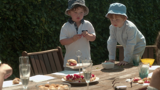 两个小男孩站在花园的桌子旁吃着浆果。视频
