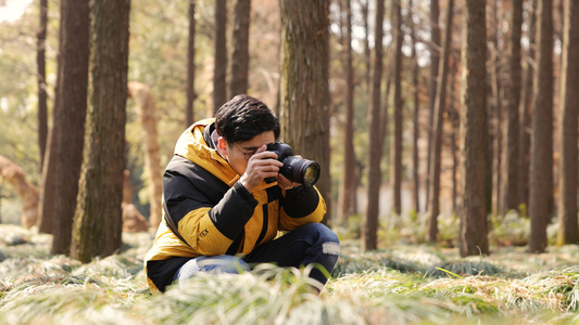 树林里蹲下拍照片的摄影师视频