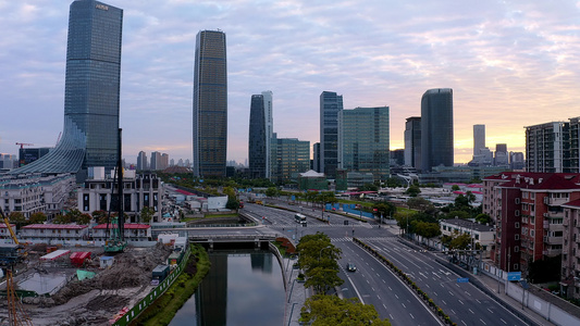 上海徐汇滨江西岸城市建筑群航拍日出视频