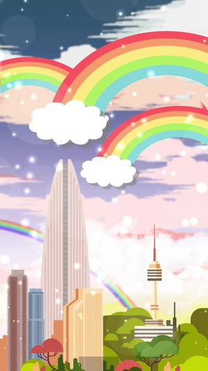 卡通动漫城市循环彩虹动态背景视频20秒视频