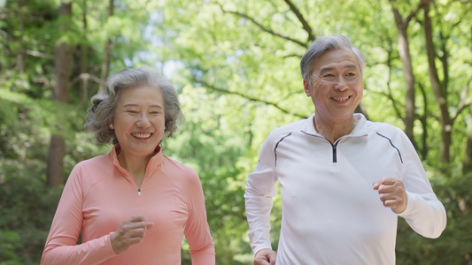 老年夫妻户外公园晨练跑步视频