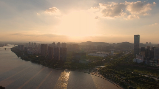 顺德城市夕阳美景4K航拍视频