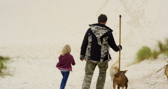 爸爸带着女儿在沙丘上遛狗视频