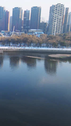 大气航拍沈阳盛京冬季浑河城市雪景52秒视频