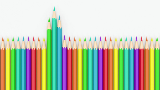 彩色的铅笔在一行中有白色背景视频