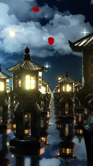三维中国风石灯夜景古风舞蹈背景30秒视频