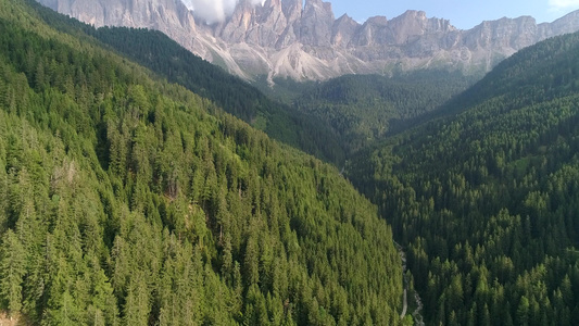 空中无人驾驶飞机从山顶的树上,观察Santa magdalena意大利多洛米特阿尔卑斯山上的森林中的树木视频