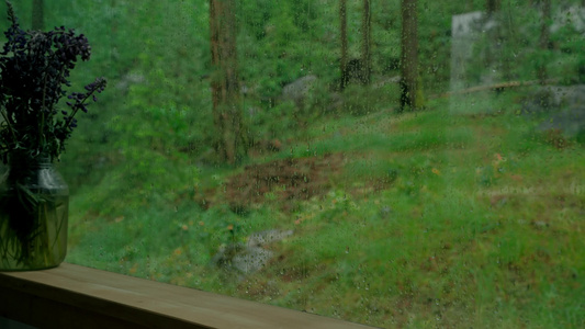森林小屋大雨拍打窗户视频