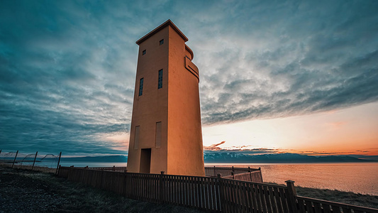 北欧冰岛灯塔黄昏日转夜延时摄影视频