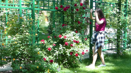 年轻女孩在一个美景公园视频