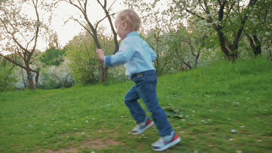 快乐的小男孩在盛开的公园里奔跑视频
