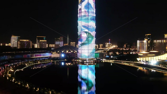 河南郑州城市地标建筑夜景灯光航拍视频