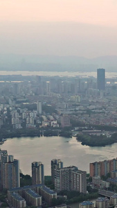 南京城市黄昏日落建筑群车流航拍视频