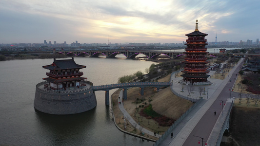 洛阳朱樱塔夕阳夜景鸟瞰航拍视频