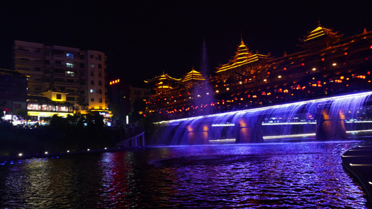 景区侗族风雨桥浪漫夜景景色视频