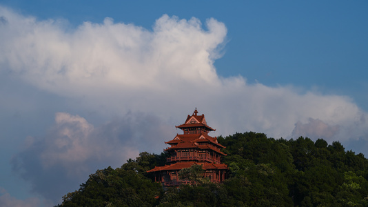 延时摄影蓝天白云天空旅游地标湖北5A级磨山景区楚天台古建筑4k素材视频