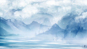 中国风白云远山湖泊雪景视频背景40秒视频