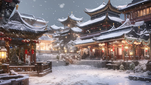 冬季大雪纷飞古镇中国古建筑40秒视频