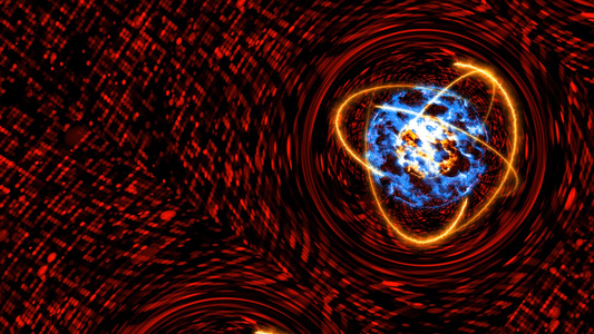 反射量子光红核与未来计算机动画抽象背景，橙色能量原子无限移动、旋转和缩小视频