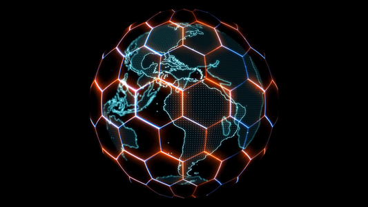 六边形和红蓝激光未来数字连接和具有纬度经度扫描的地球地图视频