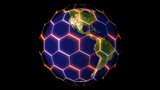 六边形和红蓝激光动画封面和保护以及经纬度扫描的世界地图视频