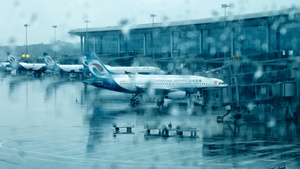 4K通过雨水玻璃窗实拍雨天机场飞机视频素材19秒视频