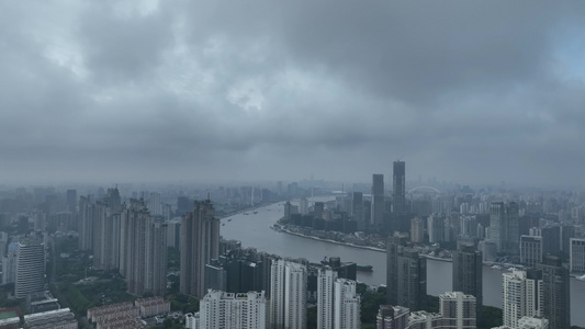 航拍上海城市黄浦江边货船漂泊视频