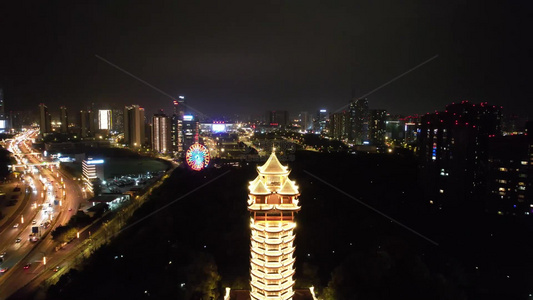 成都塔子山公园九天楼夜景灯光航拍视频