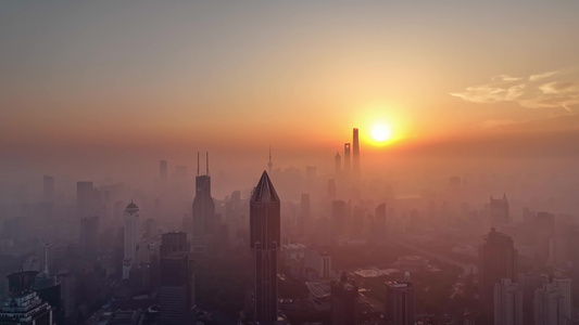 上海陆家嘴城市天际线日出震撼平流雾航拍视频