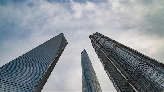 8k上海地标城市三件套高楼大厦仰拍大楼天空延时摄影视频