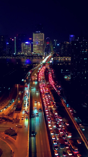 广州猎德大道城市交通城市夜景航拍车流夜景车流66秒视频