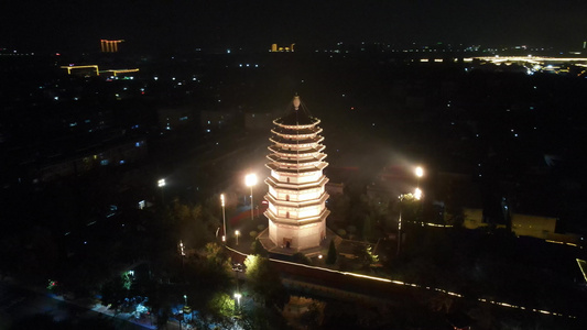 河北石家庄开元寺须弥塔夜景航拍视频