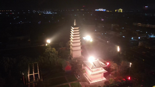 河北石家庄开元寺须弥塔夜景航拍视频