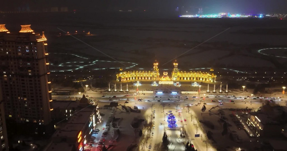 航拍哈尔滨城市夜景视频