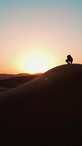 航拍沙漠夕阳下的人物剪影一个人视频