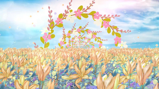 清新动态唯美花海粒子花朵飘动花环穿梭背景视频视频