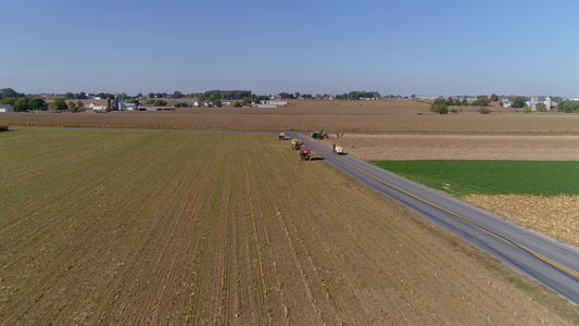 无人机飞越阿米什农民和马正在收割的农田和麦田视频
