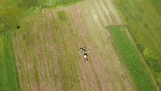 乘高角空中射高角度射击的农民堆干粉红色拖拉机视频