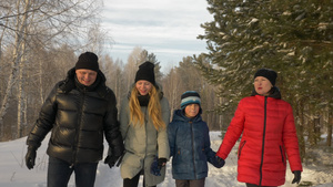 寒冬日,友好家庭握手在雪林中行走24秒视频