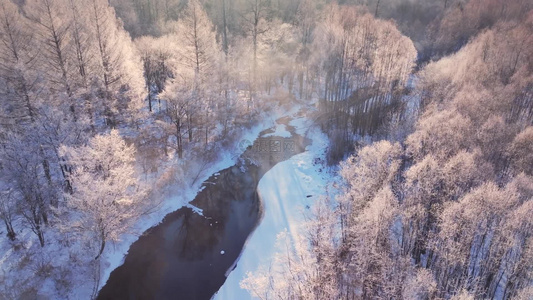 4k航拍河流雾凇树林风景视频