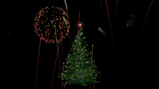 圣诞节节日灯光树在露烟花展示时旋转,乳茶视频